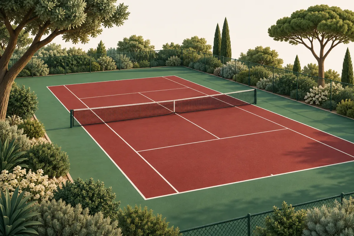 Illustration d’un court de tennis rouge avec des abords paysagers